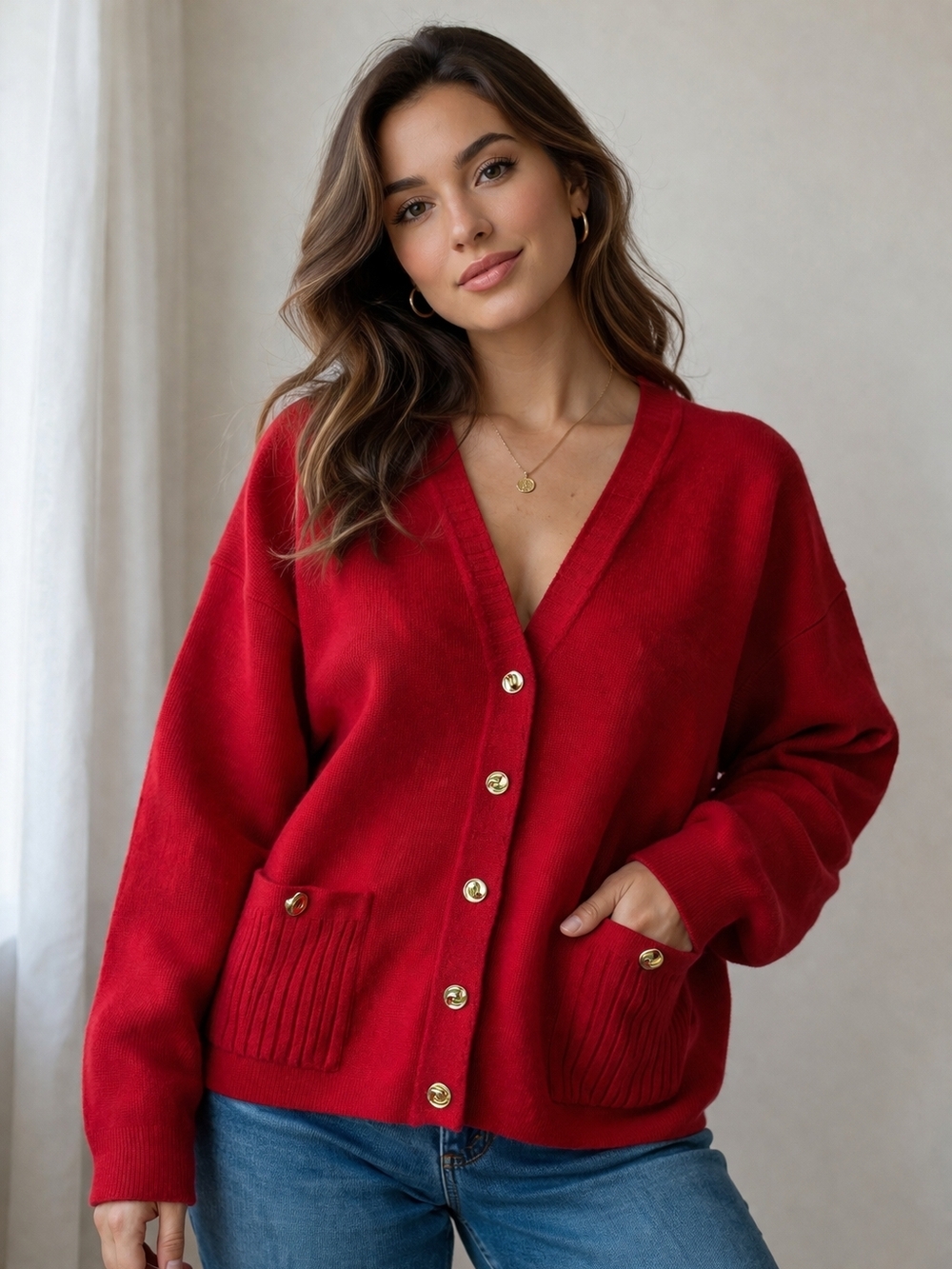 Red wool gold button cardigan 
Vintage Red With Gold Buttons Cozy